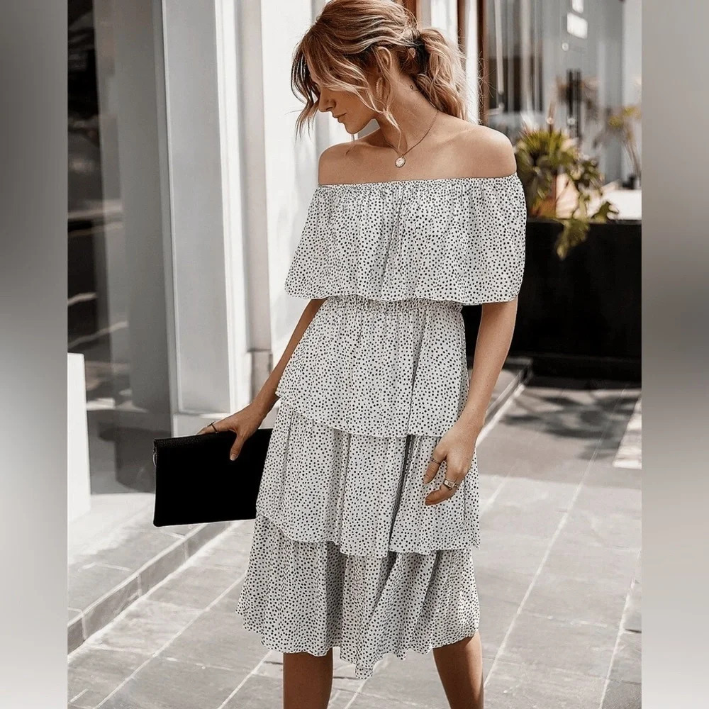 Vernacular layered tiered polka dot off the shoulder midi Dress 18254